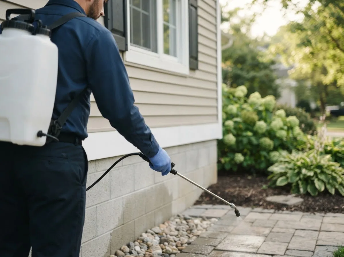 Pest control technician inspecting a home in Blue Creek, OH
